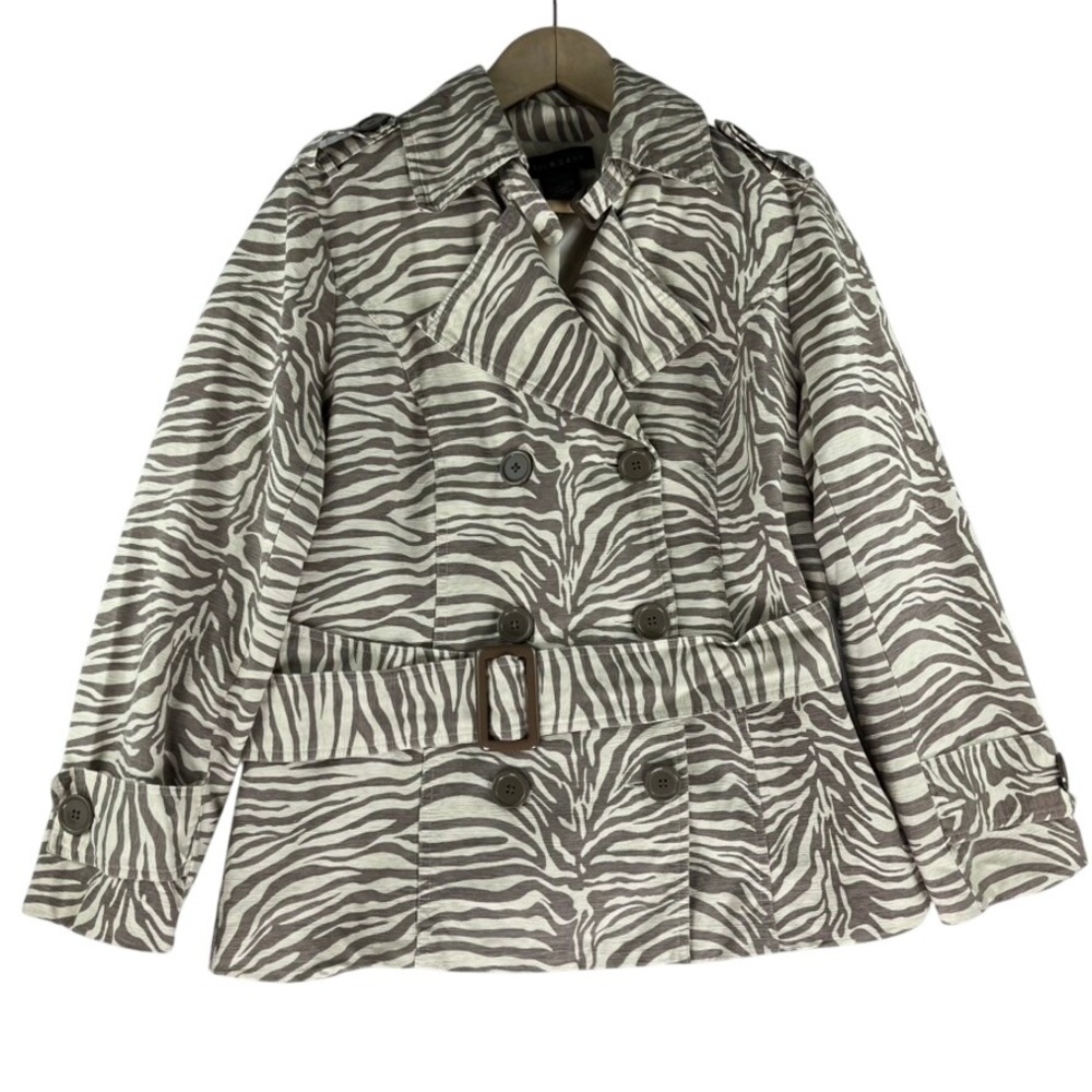 Silk Land Silk‎ Blend Zebra Print Trench Coat Womens L Double Breasted Jacket